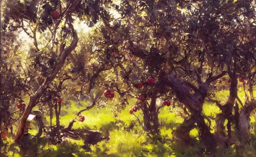 Image similar to oil painting lanscape by anders zorn, nature, fruit trees, very very very very beautiful art, dramatic light, complex robitics closeup, motorized robot