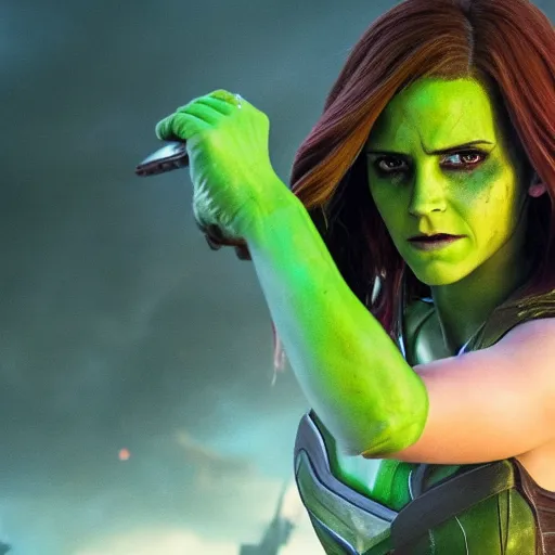 Image similar to Film still of Emma Watson as Gamora, from Guardians of the Galaxy Vol. 2 (2017), full shot