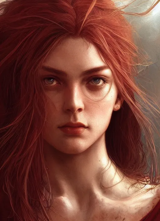 Image similar to vertical portrait of a ruggedly handsome female cleric, soft hair, close - up face, leather, witchy, d & d, fantasy, intricate, elegant, highly detailed, digital painting, artstation, concept art, smooth, sharp focus, illustration, art by artgerm and greg rutkowski and alphonse mucha, plain red background