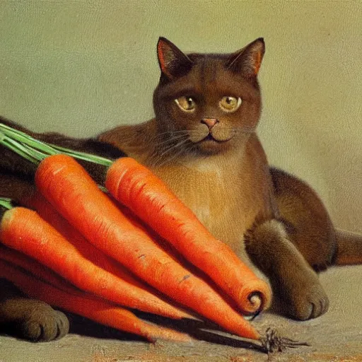 Image similar to burmese cat and carrot, oil painting by Ivan Shishkin, renaissance drawing