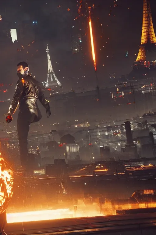 Image similar to in the foreground Paris, in the background a dark-haired man from behind playing with black flames coming out of his hands wearing a long matrix-style jacket, realistic, high definition, many details, dramatic scene, symmetrical face, realistic eyes, art of cyberpunk 2077