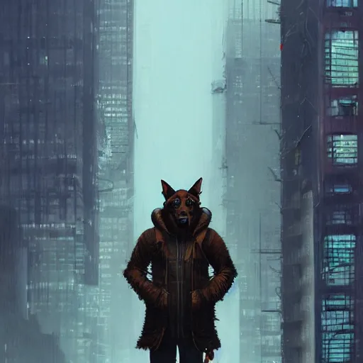 Image similar to new york city portrait of furry anthro anthropomorphic german shepard head animal person fursona wearing clothes strange cybernetic augmentations cyber muzzle gloomy rainy cyberpunk digital art by Greg Rutkowski, Simon Stalenhag, trending on Artstation, CGSociety