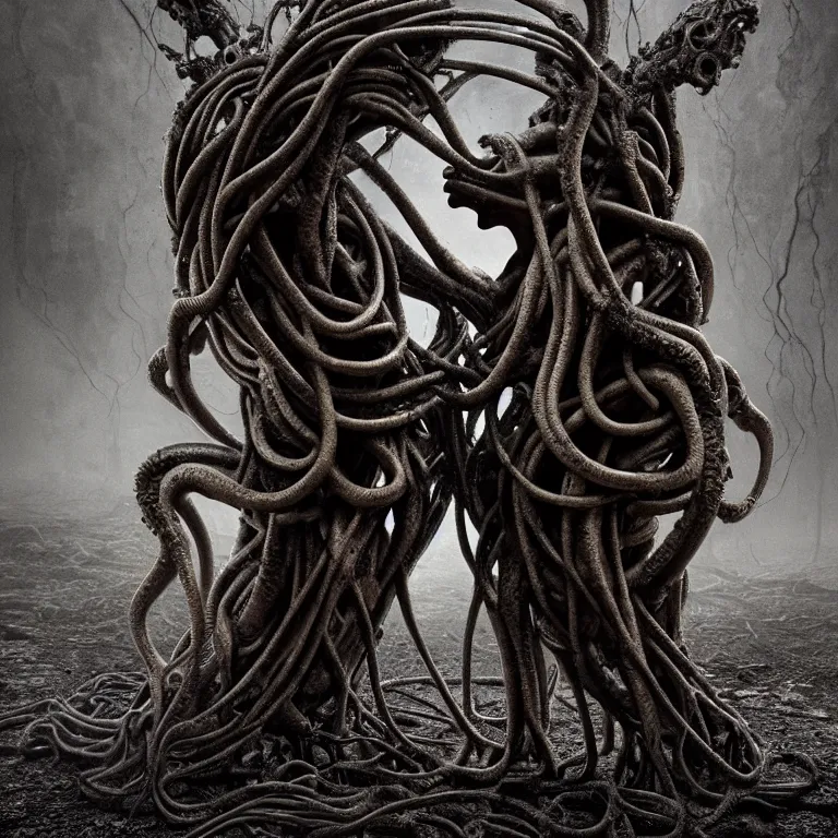 Prompt: portrait of abandoned ribbed sculpture of two kissing cyborgs, covered with tentacles, roots, wires, tubes, ash, mold, baroque painting, standing in a desolate empty wasteland, creepy, nightmare, dream-like heavy atmosphere, dark fog, surreal abandoned buildings, baroque painting, beautiful detailed intricate insanely detailed octane render trending on Artstation, 8K artistic photography, photorealistic, volumetric cinematic light, chiaroscuro, zoomed out, Raphael, Caravaggio, Beksinski, Giger