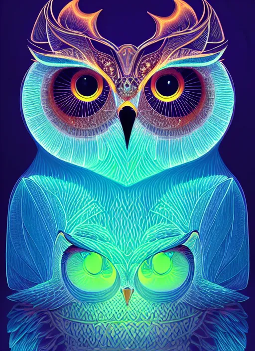 Image similar to symmetry!! product render poster vivid colors divine proportion owl, forest, glowing fog intricate, elegant, highly detailed, digital painting, artstation, concept art, smooth, sharp focus, illustration,