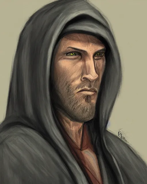 Image similar to character concept portrait of a man in dark robes, hooded, drawn by greg rukowtski