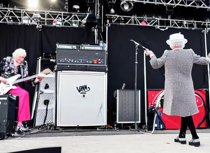 Image similar to photo still of queen elizabeth on stage at vans warped tour!!!!!!!! at age 7 0 years old 7 0 years of age!!!!!!! shredding a guitar on stage, 8 k, 8 5 mm f 1. 8, studio lighting, rim light, right side key light