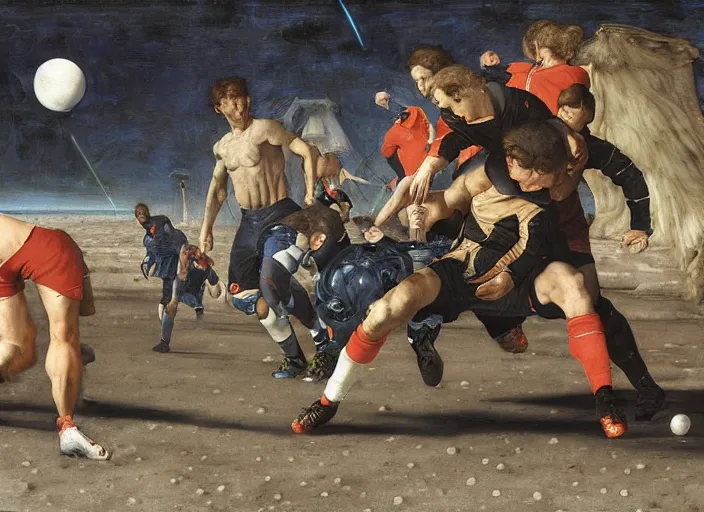 Image similar to a soccer match on the moon by edgar maxence and caravaggio and michael whelan and delacroix style, artistic, intricate painting, cinematic lighting, hyper realistic, extremely detailed, establishing shot, 8 k resolution, dramatic lighting