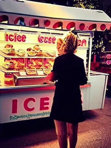 Image similar to “ scarlett johansson is buying ice - cream at the ice - cream booth in the street, movie screenshot, cinematic, epic, dramatic ”