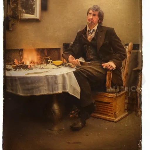 Image similar to man in a waistcoat sitting with a log fire opposite him at a table romantic soft focus nikon