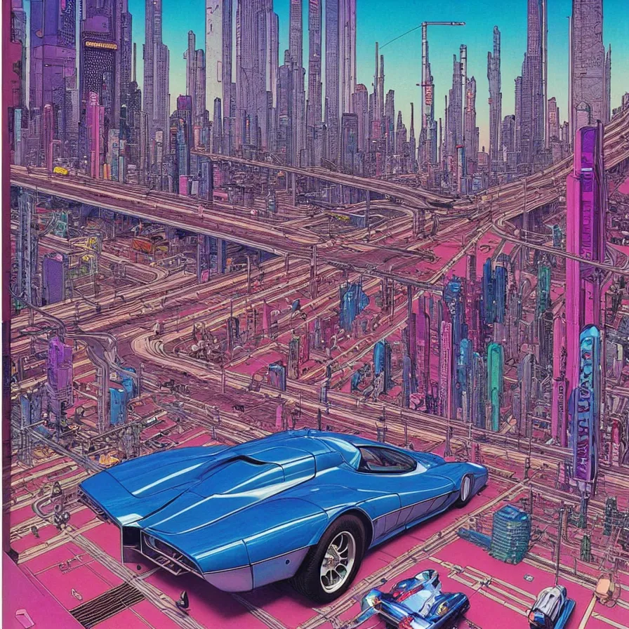 Prompt: ( ( ( ( classic car driving highway in cyberpunk city ) ) ) ) by mœbius!!!!!!!!!!!!!!!!!!!!!!!!!!!, overdetailed art, colorful, artistic record jacket design