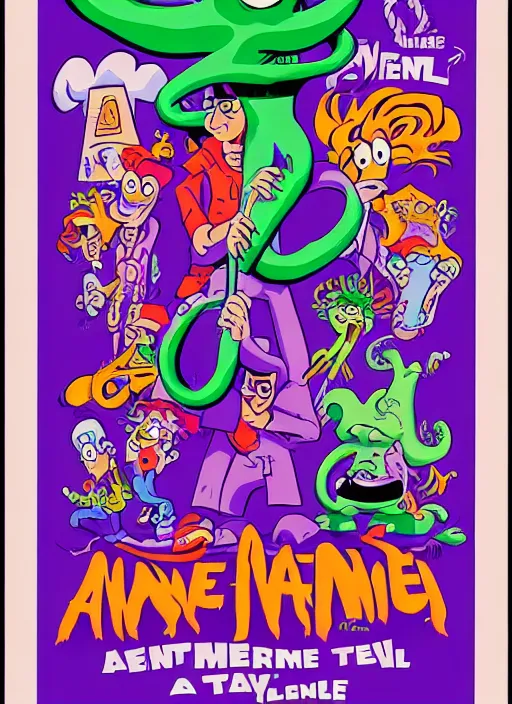 Image similar to a poster for the Day of the Tentacle videogame by Steve Purcell. 8k. Detailed. Characters. Maniac Mansion. Purple tentacle.