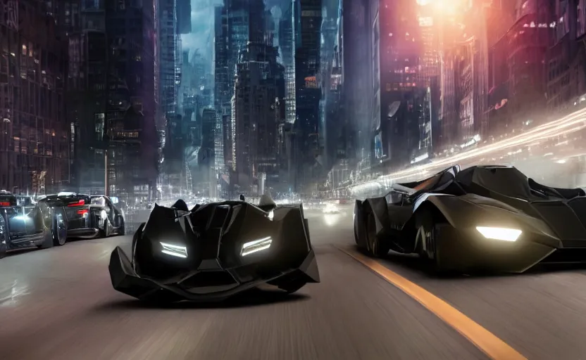 Image similar to A film still of the 2025 Batmobile prototype racing through Gotham at night, 8k