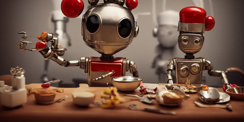 Image similar to closeup portrait of tin toy retro robot chef cooking pastry in a kitchen, depth of field, zeiss lens, detailed, centered, fashion photoshoot, by nicoletta ceccoli, mark ryden, lostfish, breathtaking, 8 k resolution, extremely detailed, beautiful, establishing shot, artistic, hyperrealistic, octane render