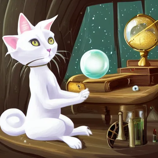 Image similar to a full body beautifull witch with white hair in an old room a cristal ball on wood table. with a potions and old instruments. on the floor a white cat licking his paw. in a fantasy style paiting