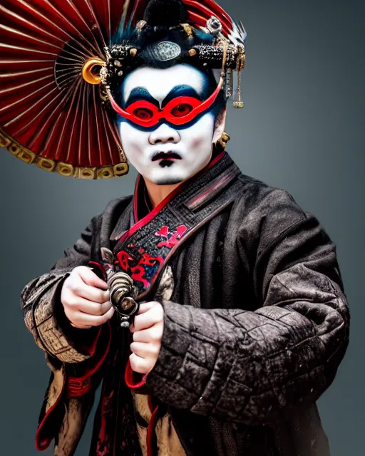 Image similar to photo of a Dramatic angry Peking Opera male character with painted face wearing MadMax style steampunk goggles and accessories in the style of stefan kostic, realistic, sharp focus, symmetric, 8k high definition, insanely detailed, intricate, elegant, art by stanley lau and artgerm, William-Adolphe Bouguereau