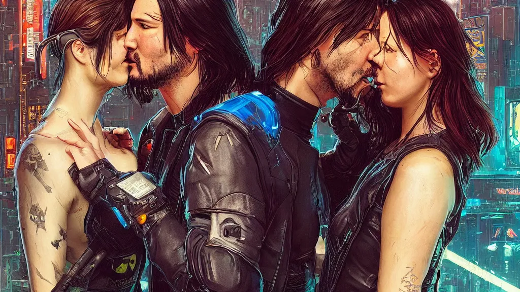 Prompt: a cyberpunk 2077 srcreenshot couple portrait of a Keanu Reeves and a female android final kiss,love,film lighting,by Laurie Greasley,Lawrence Alma-Tadema,Andrei Riabovitchev,Dan Mumford,John Wick,Speed,Replicas,artstation,deviantart,FAN ART,full of color,Digital painting,face enhance,highly detailed,8K,octane,golden ratio,cinematic lighting