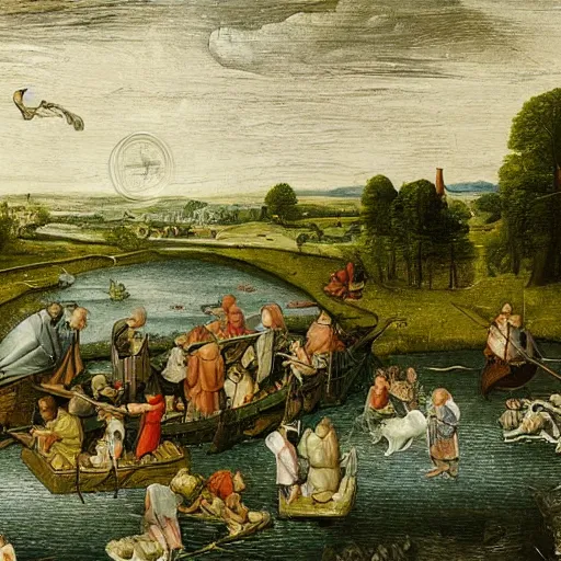 Prompt: An intricate, extremely detailed painting in a style of Breughel featuring a river in Europe, surrounded by trees and fields. A dinghy is slowly moving through the water. Sun is shining.