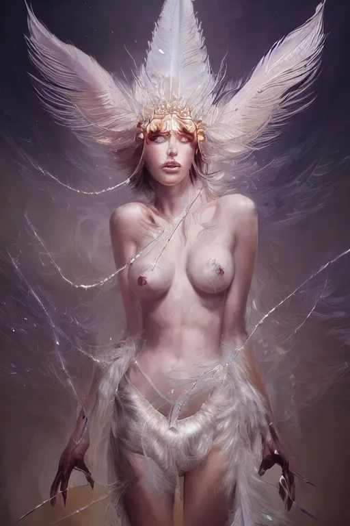 Prompt: beautiful model wearing crystal white feathers, diamonds, angel, fantasy, dramatic lighting, highly detailed, digital painting, holding electricity, magic the gathering, hyper detailed, 3 d render, hyper realistic detailed portrait, peter mohrbacher, wlop, ruan jia