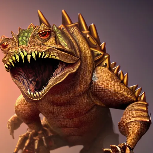 Image similar to robotic lizardfolk warrior made up of copper gold and silver elements wearing red goggles over eyes shooting a gun that is popping out of his open mouth at a horde of goblins, illustration, concept art, highly detailed, 8 k, matte, cinematic lighting, film grain,
