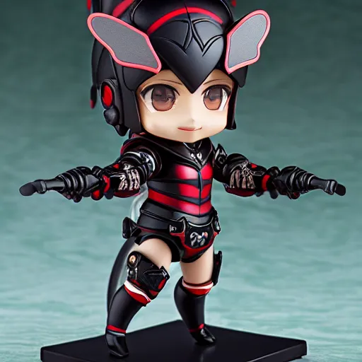 Image similar to wide photograph of cute bee nendoroid with themed crimson - black armor, portrait, hyperdetailed, artstation, cgsociety, 8 k, by tangerine dream