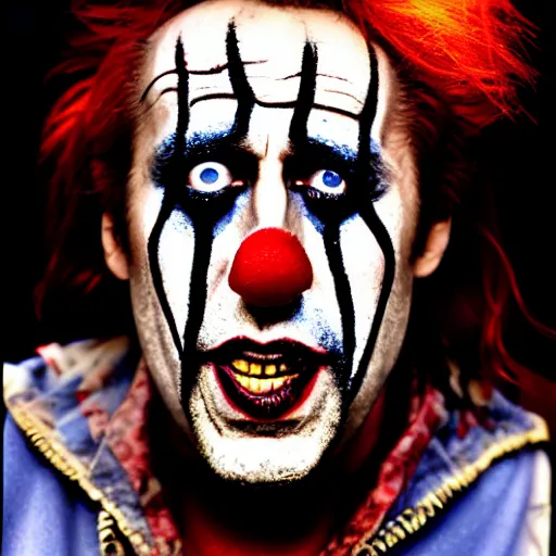 Image similar to uhd candid photo of dirty, homeless nicholas cage wearing bizarre clown makeup, ranting maniacally in the street. skid row. correct face, accurate face, exaggerated features, intricate details, intricate clown makeup, hyperdetailed, accurate face. photorealistic. photo by annie leibowitz