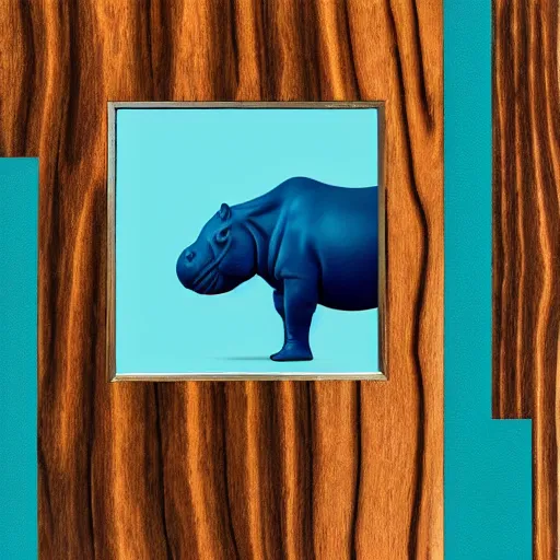 Image similar to a smooth glossy acrylic hippopotamus made of woodgrain and teal blue ceramic, hd photograph