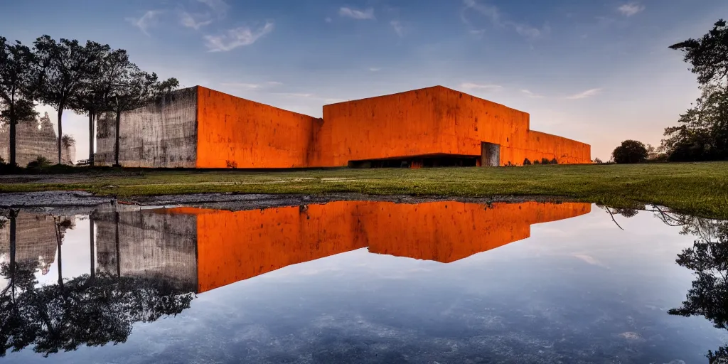 Image similar to huge building in shape of skull by le corbusier brutalism, puddles of water, trees, sunrise, orange glow, by greg rutkowsky and ivan shishkin,