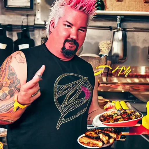 Image similar to guy fieri with pitvipers wearing a mesh neon tank top doing a mukbang