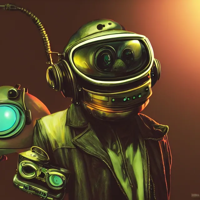Prompt: a portrait of an anthropomorphic cyberpunk frog in a motorcycle helmet, detailed render, tape deck, boombox, headphones, epic composition, cybernetics, 4 k realistic, cryengine, realistic shaded lighting, sharp focus, masterpiece, by matteo scalera, gary montalbano, peter elson in the style of the tokyo ghost comic
