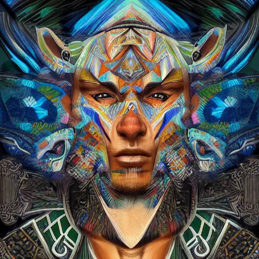 Prompt: digital painting of a warrior shaman with geometric patterns and animals by android jones