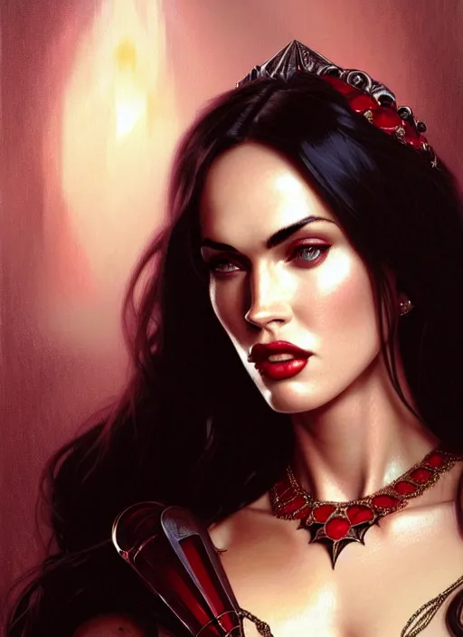 Image similar to portrait of megan fox as a vampire queen, jewelry, greek, ruby, intricate, headshot, highly detailed, digital painting, artstation, concept art, sharp focus, cinematic lighting, illustration, art by artgerm and greg rutkowski, alphonse mucha, cgsociety