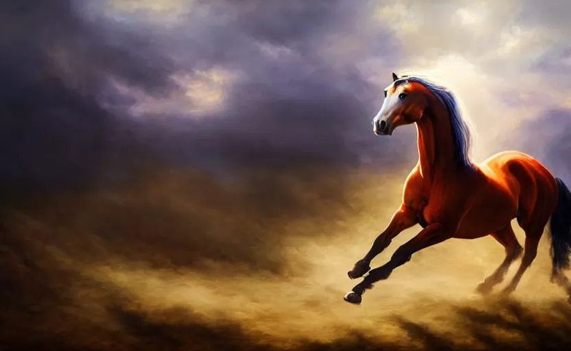 Image similar to a masterpiece oil painting of a proud horse galloping. wide angle, fantasy art, heroic lighting, very very very beautiful raytraced rendering, fog, finger of god