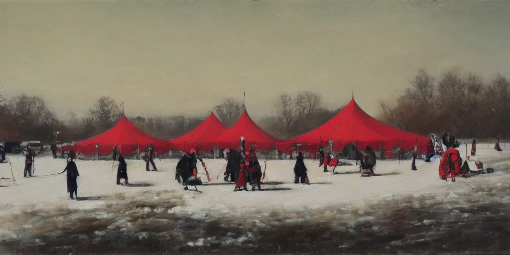 Image similar to a big circus in the snow ground, oil painting, red and white color, no people