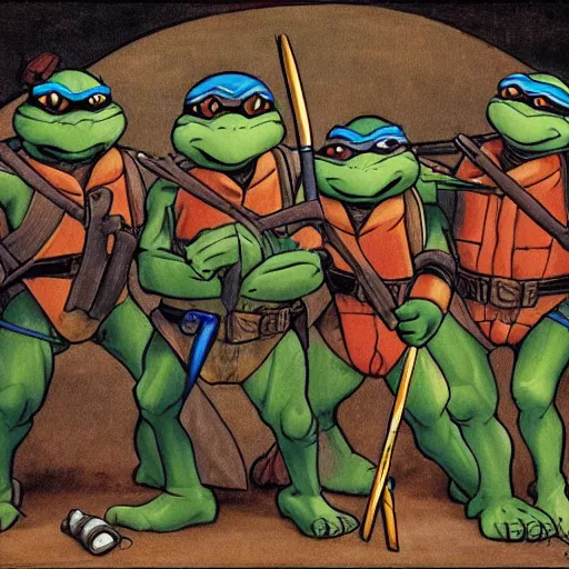 Image similar to Teenage Mutant Ninja Turtles in the style of Hieronymus Bosch