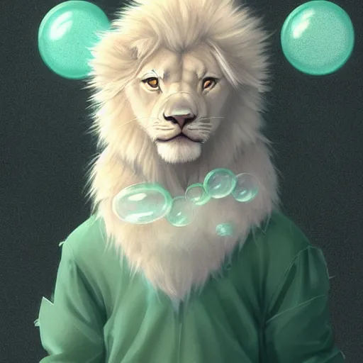 Image similar to aesthetic portrait commission of a albino male furry anthro lion cub popping floating bubbles while wearing a cute mint colored cozy soft pastel winter outfit, winter Atmosphere. Character design by charlie bowater, ross tran, artgerm, and makoto shinkai, detailed, inked, western comic book art, 2021 award winning painting