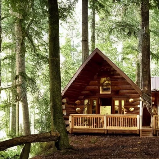 Image similar to a beautiful wood cabin in the forest made of angelina jolie