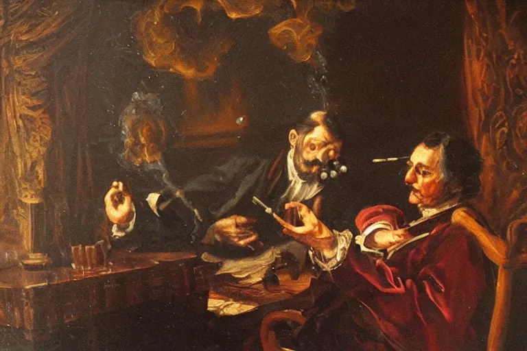 Image similar to smoke pipe organ, high detail baroque oil painting