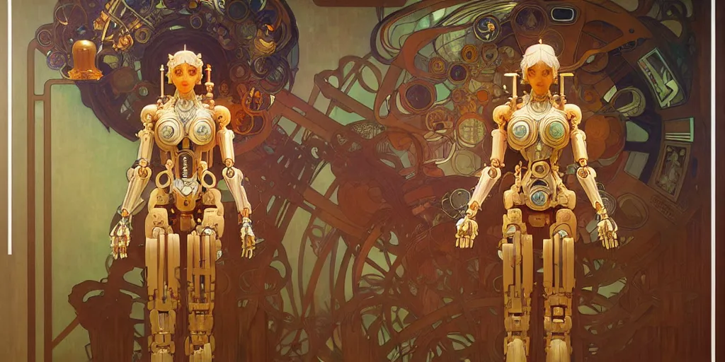 Image similar to octane render, ultra photorealistic, hyper detailed, unreal engine, a very very cute wooden mystical statue robot of the roman natural cyberpunk in a contemporary art gallery in neo tokyo artwork by alphonse mucha greg rutkowski