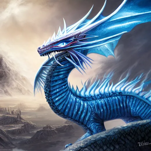 Image similar to a Blue eyed white dragon, epic background by Keith Thompson and Christopher Bretz, highly detailed, digital painting, HDRI, vivid colors, high contrast, 8k resolution, intricate, photorealistic, smooth