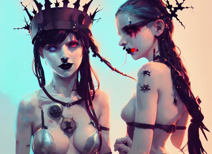Image similar to portrait of two cute goth maiden girls with crown of thorns and white short hairs, dressed in belts bikini, warhammer, cyberpunk, by atey ghailan, by greg rutkowski, by greg tocchini, by james gilleard, by joe gb fenton, by kaethe butcher, dynamic lighting, gradient light blue, brown, blonde cream and white color in scheme, grunge aesthetic