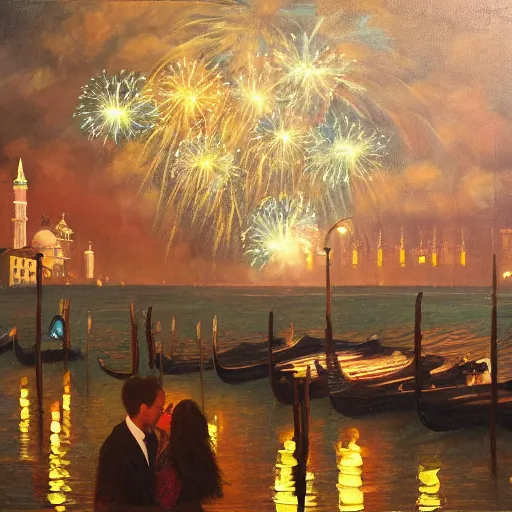 Image similar to an oil painting of couple kissing, in a background fireworks in venice