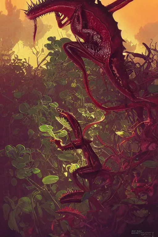 Prompt: venus flytrap monster, menacing, dangerous, dramatic backlighting, autochrome, high contrast, highly detailed, sharp focus, digital painting, concept art, illustration, trending on artstation, art by greg rutkowski and greg hildebrandt, composition by alphonse mucha