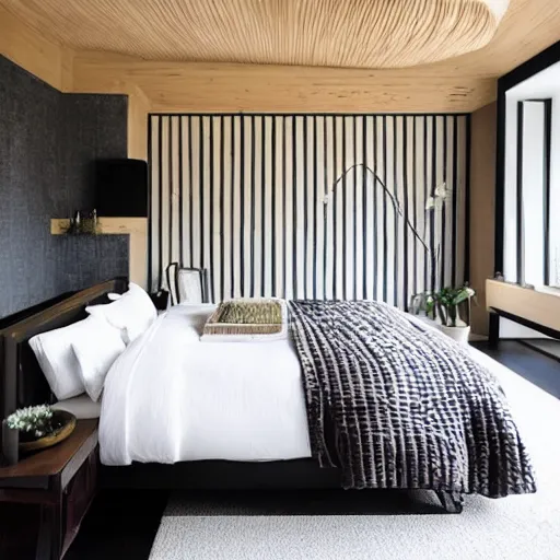 Image similar to bedroom, stone, interior design, stylish luxury hotel bedroom design, yakisugi, black vertical slatted timber, textures, feminine, black walls, art, vase with flowers, Japanese influences