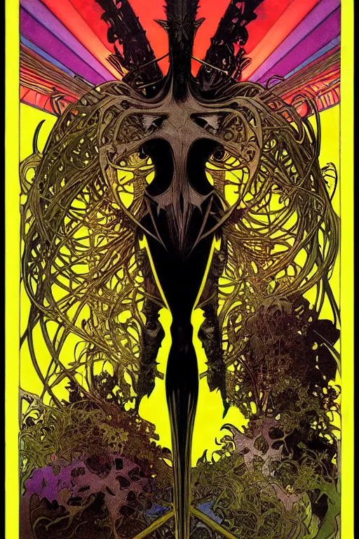 Image similar to black and yellow technicolor color risoprint, alphonse mucha, richard corben, wayne barlowe, moebius, heavy metal comic cover art, psychedelic triangular skeletal calcification fungus lich in darkiron spike armor, full body, hollow eyes, symmetrical face, long black crown, in a dungeon background, moody dark colors