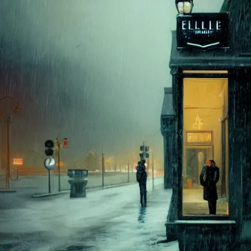 Image similar to Elle Fanning in Vampire Masquerade in the world of Edward Hopper, stormy snowy weather, streetlights, extremely detailed masterpiece, oil on canvas, low-key neon lighting, artstation, Blade Runner 2049, Roger Deakin’s cinematography, by J. C. Leyendecker and Peter Paul Rubens,