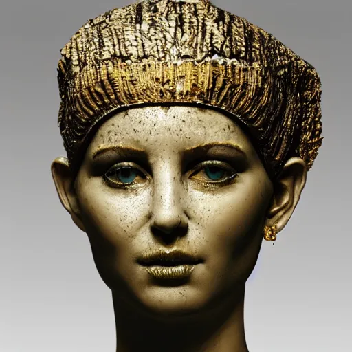 Image similar to a masterpiece marble sculpture of the veiled cleopatra, subsurface cracks, !dramatic !face, !female, covered in intricate !detailed golden !!streaked veil , physically based rendering, ultra photo realistic, cinematic lighting , dark background by Dan Hillier