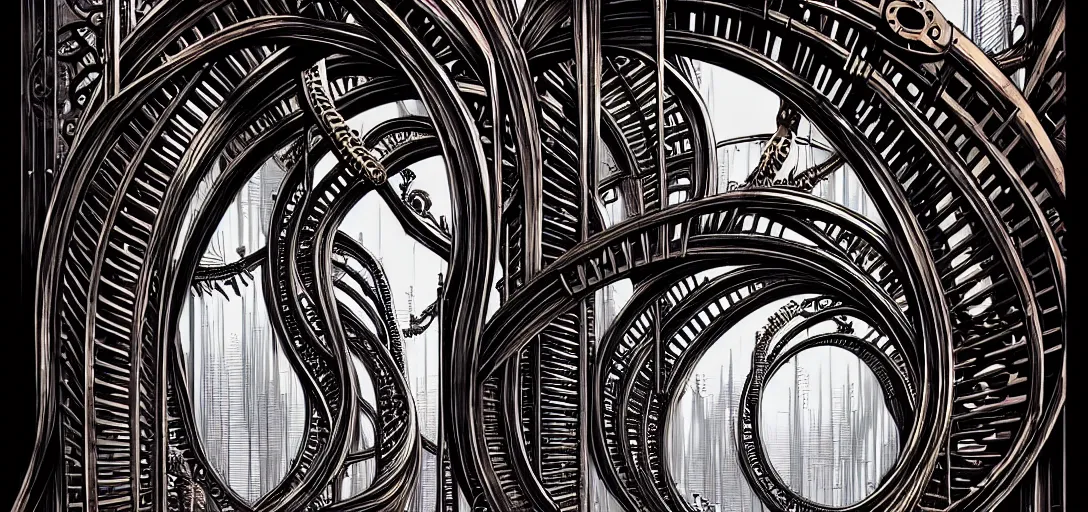 Image similar to a double helix dna cyberpunk steampunk carved archway, high details, lineart, by vincent di fate and joe fenton, inking, screen print, masterpiece, trending on artstation, sharp, high contrast, hyper - detailed,, hd, 4 k, 8 k