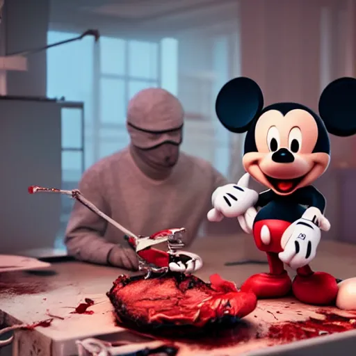 Image similar to mickey mouse being dissected by a group of network executives, on an operating table, octane render, cgstation, 3 d render, very detailed, mindblowing, blood and guts, gritty, cyberpunk