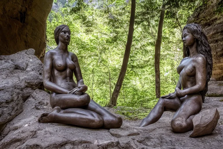 Prompt: high quality beauty statue sitting at the entrance of a huge cave in the middle of a forrest, highly detailed, cinematic smooth, stephen shore & john j. park, soft morning light, wide shot, high angle, uhd 8 k, deep focus