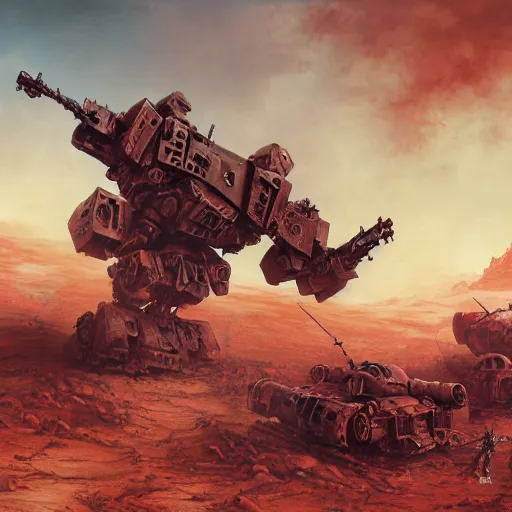 Image similar to warhammer 4 0 k battlemech, post - apocalyptic, high - tech, dynamic, powerful, wide shot, desert background, highly detailed, digital painting, artstation, concept art, sharp focus, illustration, art by artgerm and greg rutkowski and magali villeneuve, zdzisław beksinski, red brown and white color scheme